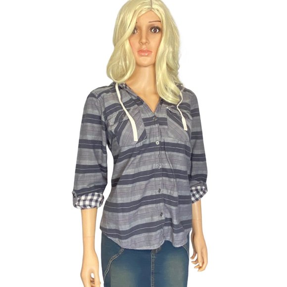 Columbia Tops - Columbia Women Button Up Hooded Cotton Flannel Shirt S Cotton Purple Gray Plaid